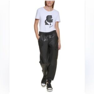 NWT Karl Lagerfeld Paris Black Faux-Leather Chic Trendy Streetwear Joggers SZ L